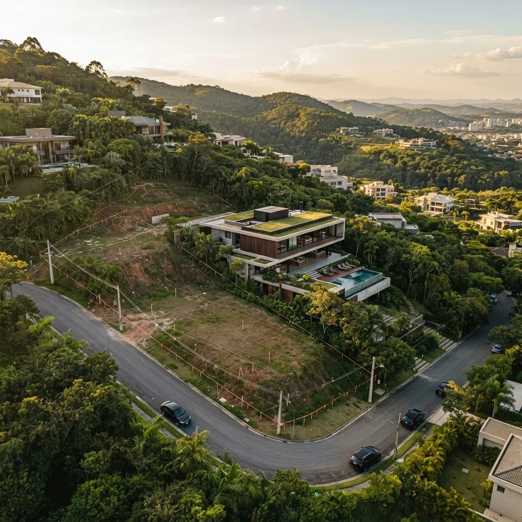 Vista aérea de um terreno residencial em aclive